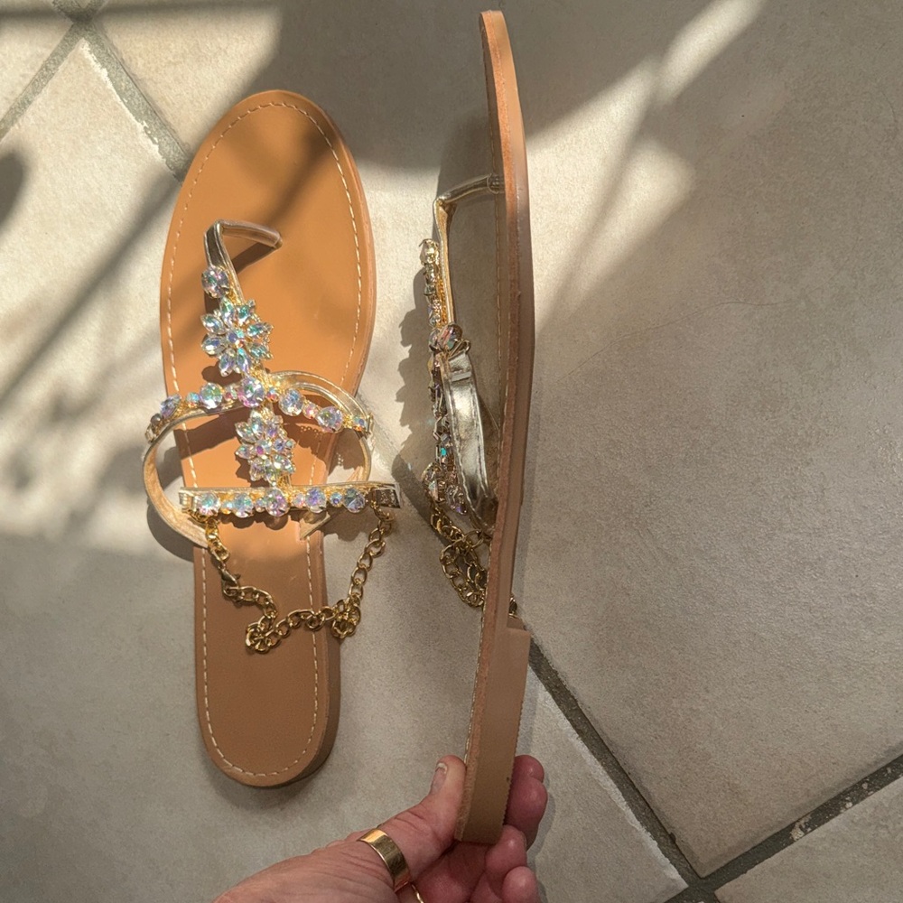 New Sandals Jeweled Bling Ankle Bracelet Slides 43 BRAND NEW Women's Size 12 - Picture 9 of 10
